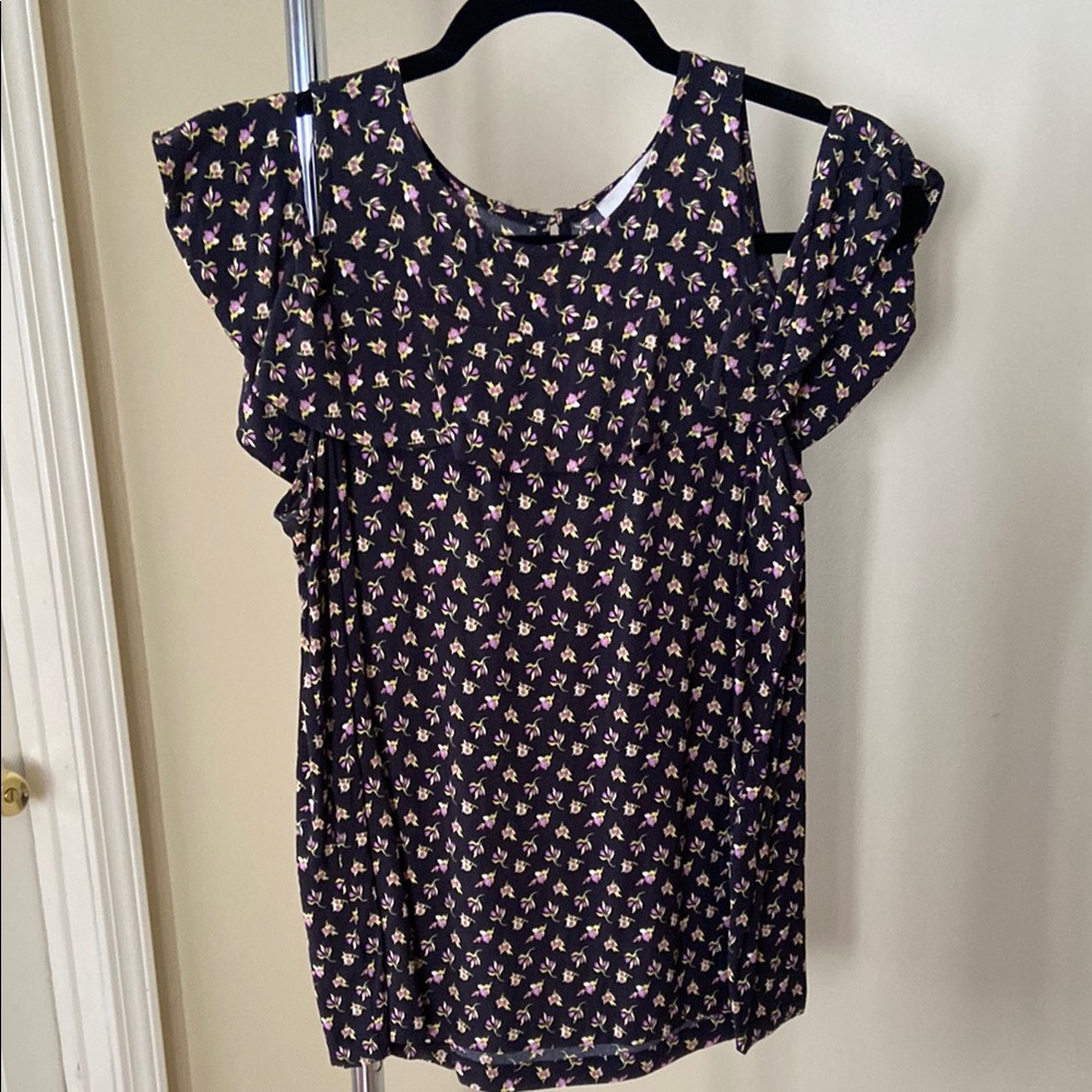 LOFT cold shoulder Floral Ruffle Sleeve Top - Black